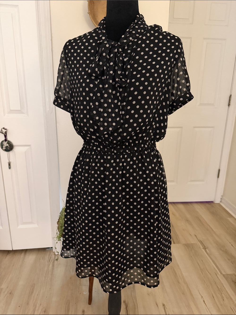 Forever 21 Black and White Polka Dot Tie-Neck Midi Dress